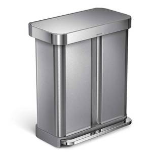lot 1650 image: simplehuman 58 Liter  15.3 Gallon Rectangular Hands-Free Dual Compartment Recycling Kitchen Step Trash Can with Soft-Close Lid, Brushed Stainless Steel. (Dented)