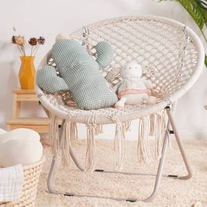 lot 1663 image: PASAMIC Boho Chair with Folding Metal Frame, 100% Cotton Handmade Round Cozy Chairs, Exquisite Comfy Chair for Bedroom, Living Room D�cor Beige