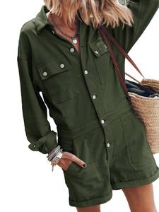 lot 1696 image: Tongmingyun Womens Cotton Long Sleeve Rompers Fall Utility Vintage Elastic Waist Button Down Short Jumpsuits&nbsp(size unknown)