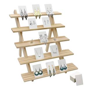 lot 2048 image: Sinyad 101pcs 5-Tier Wood Earring Display Stand, Retail Display Riser Earring, Ring Holder Stand, Removable Countertop Small Merchandise Display Stand with 100 Pcs Earring Card (Wood color)