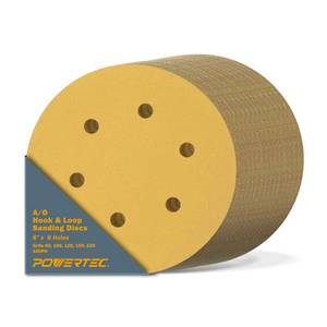lot 2087 image: POWERTEC 45201XG-100, 100 Pack, 6x 6 Holes, AO Hook & Loop Sanding Disc  80, 100, 120, 150, 220 Assorted Grits, Gold