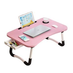 lot 4851 image: Lap Desk with Storage Drawer, Holders for Cup and Tablet, Tray Table with Foldable Legs, Laptop Bed Stand, Portable Standing Table for Sofa Couch Floor (23.6, Pink) (DAMAGED SMALL CRACK).