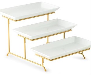 lot 1686 image: Set Of 3 Serving Platters In White With A Gold Stand