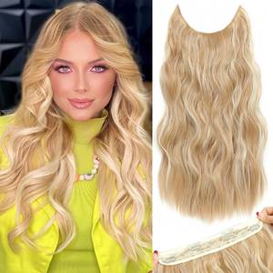 lot 4098 image: Clip in Halo Hair Extensions Invisible Wire Hair Extension with Adjustable Size Transparent Headband 4 Secure Clips 20 Inch Long Curly Wavy Light Brown Mixed Blonde Secret Hairpieces for Women