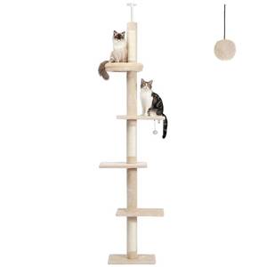 lot 4102 image: PETEPELA Cat Tower 5-Tier Floor to Ceiling Cat Tree Height(95-107 Inches) Adjustable, Tall, Climbing Tree Featuring with Scratching Post, Cozy Bed,Interactive Ball Toy for Indoor CatsKitten Beige