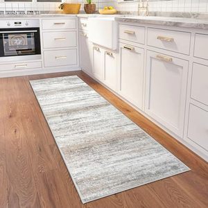 lot 15249 image: KOZYFLY Modern Abstract Kitchen Runner Rug, 2x6 Washable Rug Runner Non-Slip Soft Striped Hallyway Runner Rugs, Beige Print Distressed Carpet Runner for Entryway Bathroom Laundry Room Foyer