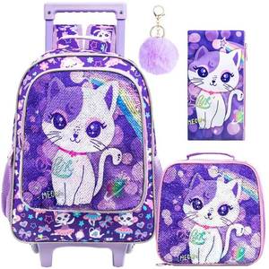 lot 15282 image: KLFVB Kids Rolling Backpack for Girls, Roller Wheels School Bag with Lunch Bag, Wheeled Sequins School Bookbag for Children - Cat