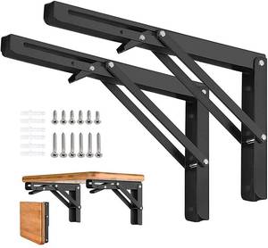lot 15312 image: AUTOHJ Folding Shelf Brackets - 24 Inch 2 Pcs Heavy Duty Metal Collapsible Triangle Shelf Bracket, DIY Wall Mounted Shelf Bracket, Space Saving for Bench Table