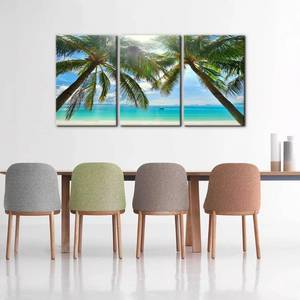 lot 15328 image: Ocean Wall Art Set of 3 - Framed Canvas Prints with Palm Trees & Boat on Blue Beach Design - Perfect for Modern Home Decor - Ideal Wall Decor for Living Room Bedroom Bathroom and Office (16x24x3)
