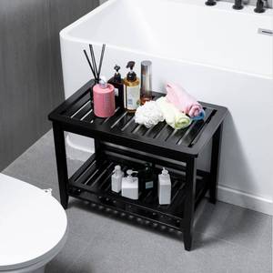 lot 15353 image: Zoopolyn Bamboo Shower Bench Stool with Storage Shelf Shower Bath Seat for Shaving Legs in Bathroom & Inside Shower Black