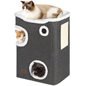 lot 15481 image: EHEYCIGA 2-Storey Cat House for Indoor Cats Bed Cube, Covered Cat Cave Beds & Furniture with Scratch Pad and Hideaway, Modern Cat Hideout Condos for Multi Pet Large Kitten Kitty, 23.5 H, Grey