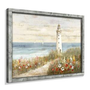 lot 18648 image: Lighthouse Framed Wooden Wall Art Abstract Ocean Artwork Seascape Painting Beach Art Prints Coastal Pictures for Living Room 40x30