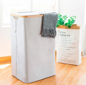 lot 18787 image: Lonbet - Laundry Hamper with Lid Cover - Sturdy Tall Bamboo Laundry Basket Clothes Organizer - Bedroom Fabric Bin - Big Bathroom Dirty Clothes Hamper - Removable Bag - XL 100 Liters - Light Grey