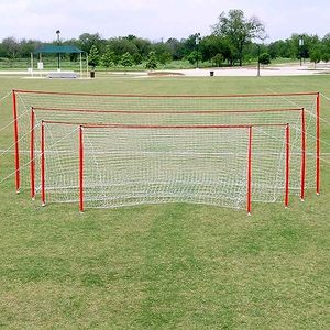 lot 18805 image: Soccer Innovations J-Goal, Portable, Regulation Soccer Training Goal with Net, Red with White Net, 8-Foot x 24-Foot (500-JG824)