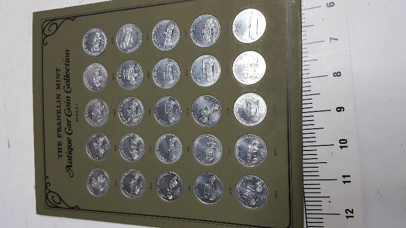 lot 5882 image: One full sheet of Franklin Mint Antique Car Coin Collection.