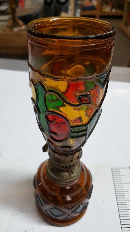 lot 5847 image: Very unique oil lamp with cool shade that mounts to the top. A brown stained glass oil lamp.