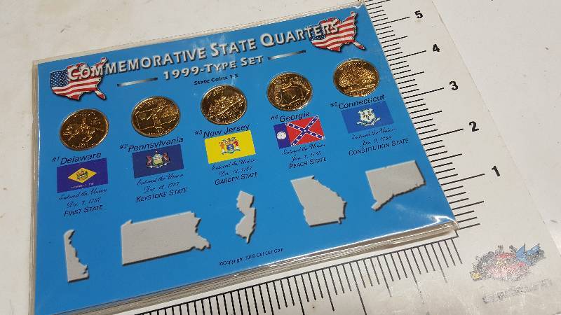 lot 5857 image: 1999 Commemorative State Quarters Set, with 5 different states.