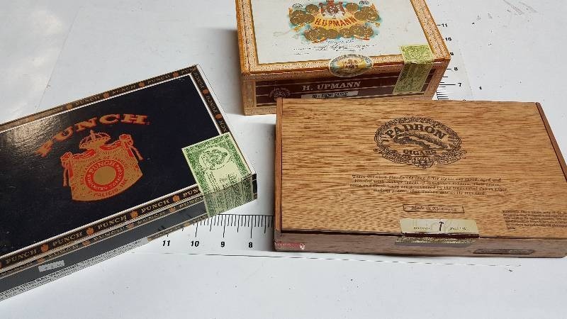 lot 5858 image: 2 cardboard and 1 wooden cigar boxes, very unique
