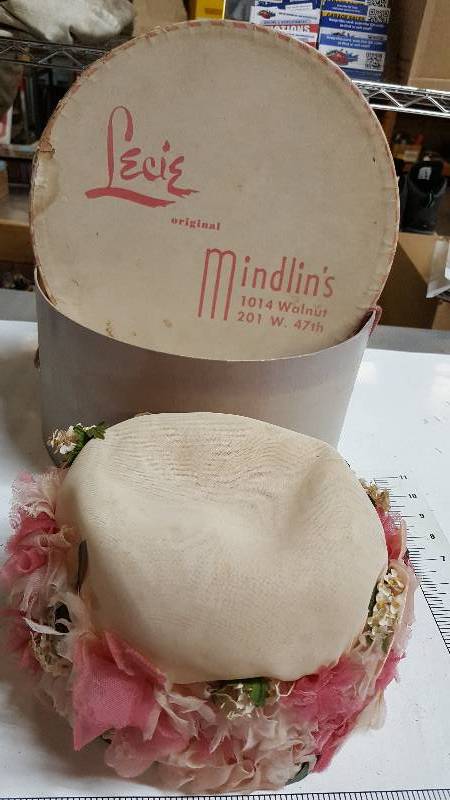 lot 5824 image: Evelyn Varon Exclusive Hat, and 1940s Lecie Original Hat Box