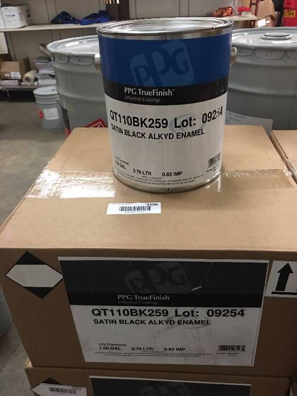 lot 9106 image: 4 GALLONS OF PPG TRUEFINISH SATIN BLACK ALKYD ENAMEL