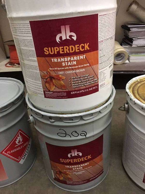 lot 202 image: LOT OF TWO 5 GAL. PAILS SUPERDECK TRANSPARENT STAIN - 1907 CANYON BROWN