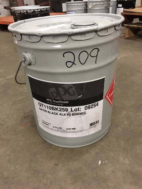 lot 209 image: 5 GALLONS OF PPG TRUEFINISH SATIN BLACK ALKYD ENAMEL