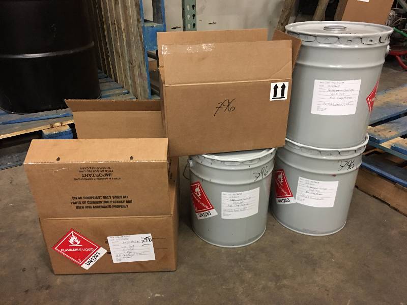 lot 796 image: 3  PAILS OF RED SHOP PRIMER AND MICS. PAINT