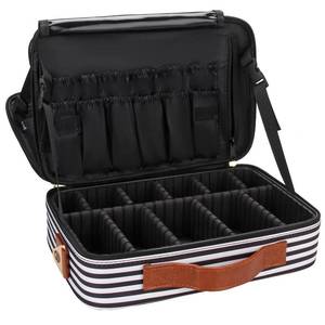lot 79905 image: Relavel Makeup Bag Travel Makeup Train Case 13.8 inches Large Cosmetic Case Professional Portable Makeup Brush Holder Organizer and Storage with Adjustable Dividers and Shoulder Strap(Stripe)