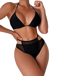 lot 79911 image: GORGLITTER Womens 2 Pieces Swimsuit Mesh Tie Back Halter Bikini Set Cut Out High Waist Bathing Suit Black Medium