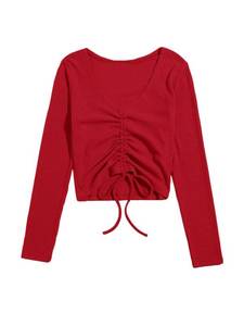 lot 79913 image: SweatyRocks Womens Long Sleeve V Neck Crop Top Drawstring Ruched Tee Shirt Red S