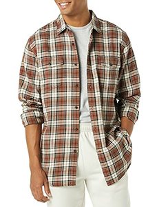 lot 79916 image: Amazon Essentials Mens Regular-Fit Long-Sleeve Two-Pocket Flannel Shirt, Beige Brown Plaid, Large
