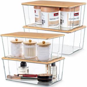 lot 79955 image: Hudgan Plastic Storage Containers with Bamboo Lids, Medicine Cabinet Organizer Drawer Organizers Clear Bins with Lids for Organizing Pantry or Bathroom - 4.5 Inches Tall - Set Of 4
