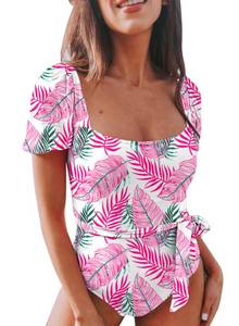 lot 79963 image: Aleumdr Square Neck Puff Short Sleeve One Piece Swimsuits for Womens High Waist Belted Tummy Control 2024 Bathing Suit for Teens Girls Printed Blue Large