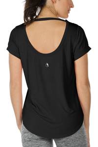 lot 79969 image: icyzone Open Back Yoga Shirts for Women - Exercise Workout Tops, Athletic Short Sleeves, Running T-Shirts Loose Fit (L, Black)