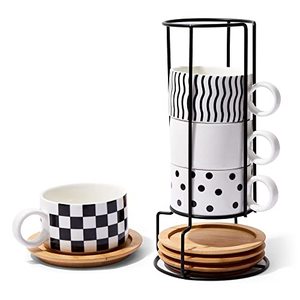 lot 79974 image: SUPERLY Stackable Espresso Cups Set of 4 - Espresso Mugs with Wooden Saucers, Metal Stand - Durable Porcelain Espresso Cup - Easy To Clean, Dishwasher-Safe - Modern Coffee, Latte, Tea Mug Set - 6 OzCONDITION UNKNOWN