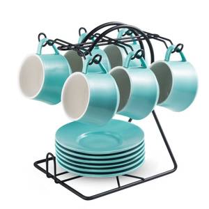 lot 79976 image: Gomakren Espresso Cup Set Porcelain Espresso Cups and Saucers Set and Cup Holder - 4 Ounce - Set of 6, Tea Cup Set, Cappuccino Cups, Turquoise