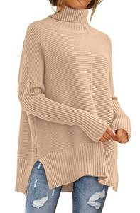 lot 79980 image: ANRABESS Women Oversized Turtleneck Long Batwing Sleeve Split Hem Pullover Knit Tunic Sweater Outfits 2024 Trendy Clothes B718shenxing-M Deep Apricot
