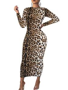 lot 79989 image: Womens Long Sleeve Bodycon Dress - Maxi Casual Fall Leopard Print Club Party Long Tight Pencil Dresses Brown M