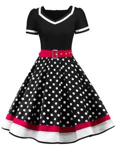 lot 80000 image: Nihsatin Vintage 1950s Retro Rockabilly Swing Dress Polka Dots Cocktail Dress with Belt