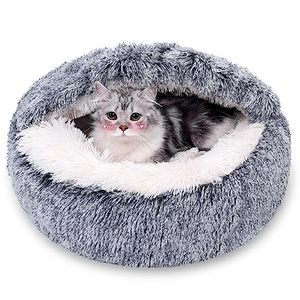 lot 80010 image: Calming Dog Beds & Cat Cave Bed with Hooded Cover,Removable Washable Round Beds for Small Medium Pets,Anti-Slip Faux Fur Fluffy Coved Bed for Improved Sleep,Fits up to 1525 lbs(Grey,S)