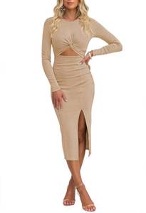lot 80026 image: Pink Queen Sexy Cutout Dress for Women Bodycon Long Sleeve Twist Dressy Split Cocktail Party Midi Dresses Apricot S