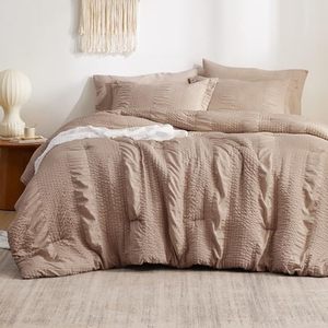 lot 80060 image: Bedsure King Bed in a Bag - King Size Comforter Set 7 Piece Stripes Seersucker Bedding Set, Soft Lightweight Down Alternative Comforter Queen Bed Set(Khaki, Queen 104 x 90 inch)