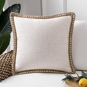 lot 80063 image: Phantoscope Farmhouse Solid Throw Decorative Pillow Cover Burlap Linen Trimmed Tailored Edges Outdoor Pillow Off White 18 x 18 inches, 45 x 45 cm