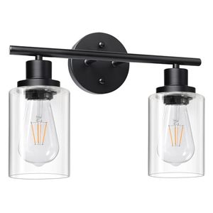 lot 80099 image: Unicozin 2 Light Vanity Lights, Black Wall Sconce Light with Clear Glass, Bathroom Light Fixtures, Wall Lights for Mirror, Living Room, Bedroom, Hallway, E26 Base (Bulbs Not Included)