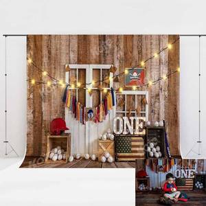 lot 80109 image: Kate Baby Boys Birthday Party Backdrop Sports Baseball Cake Smash Wood Wall Fabric Printed Seamless Background Photography Studio Prop 7x5ft