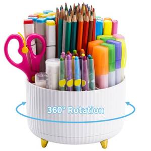 lot 80152 image: Marbrasse Desk Organizer, 360-Degree Rotating Pen Holder for Desk, Desk Organizers and Accessories with 5 Compartments Pencil Organizer, Art Supply Storage Box Caddy for Office, Home White