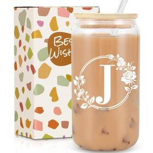 lot 80172 image: Ini-tial Glass Cup - Gifts for Women - 16 Oz Glass Cups WLids Straws, Glass Tumbler Monogrammed Gifts, Iced Coffee Cups - Personalized Customized Cute Gifts Mothers Day, Birthday Gifts for Her Mom, J