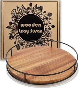 lot 80173 image: 12 Acacia Wood Lazy Susan Turntable, Tomoaza Kitchen Organizer Turntable with Steel Sides, 360 Degree Turntable for Countertop Cabinet or Dining Table(Black)