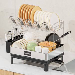 lot 80190 image: LIONONLY Dish Drying Rack, Thicker Premium 304 Stainless Steel 2 Tier Dish Drying Rack for Kitchen Counter, Rotatable Spout, Multifunctional Large Dish Rack with Cup Holder, Utensil Holder, Black