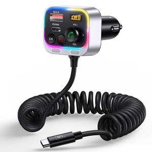 lot 80201 image: Syncwire Bluetooth 5.3 FM Transmitter Car Adapter, 66W PD QC 3.0 Fast Charge Car Charger with USB-C Coiled Cable, Wireless FM Radio Adapter, Strong Mics, Bass HiFi Sound, Hands-free Call, Light Switch